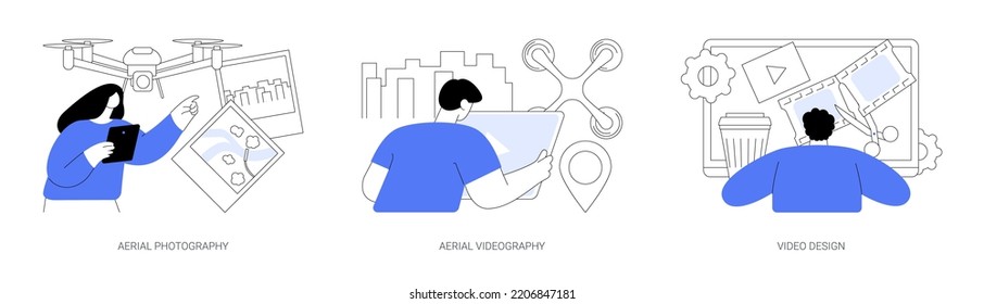 Commercial shooting abstract concept vector illustration set. Aerial photography and videography, video design, drone photo, video editing software, real estate, post production abstract metaphor.