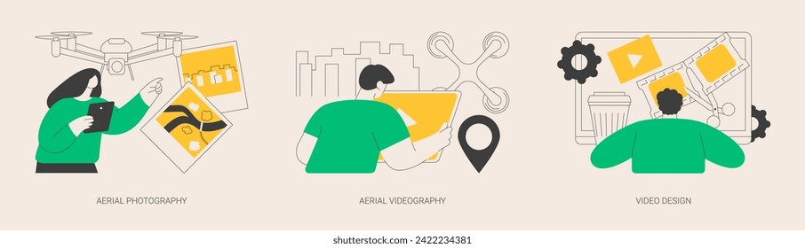 Commercial shooting abstract concept vector illustration set. Aerial photography and videography, video design, drone photo, video editing software, real estate, post production abstract metaphor.