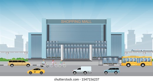 Commercial Shopping Mall Building Center, Front View Of Modern Shopping Mall Building Exterior Vector Illustration.