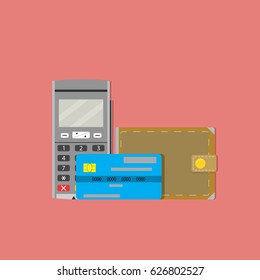 Commercial shopping with paying transaction terminal. Vector illustration