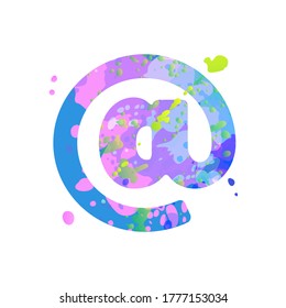 Commercial at sign with effect of liquid spots of paint in blue, green, pink colors, isolated on white background. Decoration element for design of a flyer, poster, calendar, cover, title.