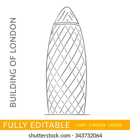 Commercial skyscraper St Mary Axe. Sketch line flat design of business architecture, famous building of London. Modern vector illustration concept. Fully editable outlines, saved brushes and layers.
