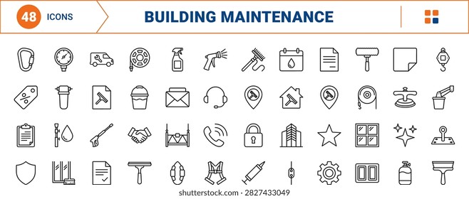 Commercial skyscraper window washing line icon set for high-rise glass maintenance and facade services. Professional thin linear illustration featuring cleaning tools, safety gear, and booking interface elements.