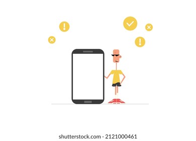 Commercial for smartphone, boy in cartoon style, yellow T-shirt and black shorts, sunglasses, white background, vector illustration.
