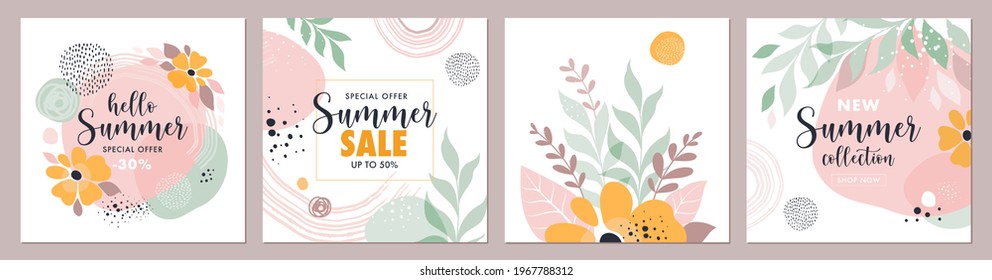 Commercial or Social media Summer banners templates. Vector set of four abstract backgrounds with leaves, flowers and brush strokes  in trendy style 