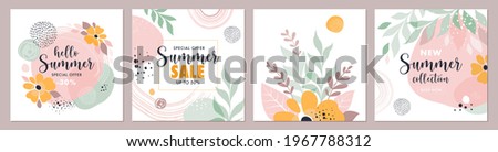 Commercial or Social media Summer banners templates. Vector set of four abstract backgrounds with leaves, flowers and brush strokes  in trendy style 