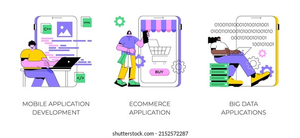 Commercial software abstract concept vector illustration set. Mobile application development, ecommerce app, big data management software, UI and UX design, database engineering abstract metaphor.