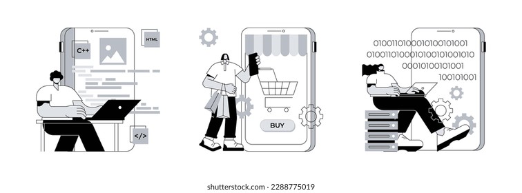 Commercial software abstract concept vector illustration set. Mobile application development, ecommerce app, big data management software, UI and UX design, database engineering abstract metaphor.