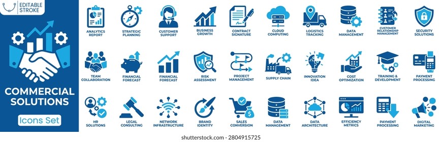 Commercial solutions icon set. Containing business growth, strategic planning, customer support, project management, data management, cloud computing, risk assessment, digital marketing and more. Solid vector icons collection