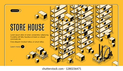 Commercial Storehouse Service Isometric Vector Isometric Vector Web Banner. Forklift Carrying Boxes On Palette Among Racks In Warehouse Line Art Illustration. Logistics Center Landing Page Template