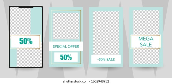 Commercial stories design, eps 10. Editable story cover design for promotion. Geometrical elements, trendy colours.