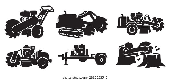 Commercial Stump Grinder Machinery Vector Silhouette Bundle - Land Clearing Tractor Icon Pack - Forestry Excavation Equipment Template Collection

Bring the intense energy of professional site preparation and heavy tree maintenance right into your creative assets with this specialized commercial vehicle layout. We have carefully curated this layout to feature a heavy selection of modern clearing equipment, including walk-behind compact stump grinders, heavy tracked land clearers, towable commercial wood shredders, industrial trenchers, transport utility trailers, and massive automated stump cutters biting into timber roots.

The entire collection is built with clean, solid black shapes that look sharp no matter how big or small you scale them. It is absolutely perfect for small businesses and creators looking to build high-converting merchandise, seasonal contractor group clothing lines, custom vinyl cutting decals for commercial machinery, or eye-catching flyers for construction and landscaping events without dealing with complex gradients.
