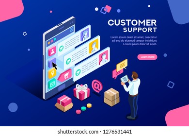 Commercial support for customer transaction on website. Consumer at website, buyer at electronic dashboard. Commerce or marketing concept with characters flat isometric images vector illustration.