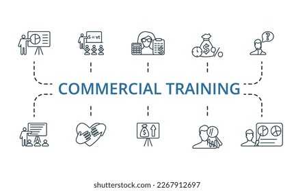 Commercial Training icon set. Monochrome simple Commercial Training icon collection. Presentation, Lessons, Accounting Staff, Loan, Thinking, Teaching, Help, Economy Project, Human Analysis, Business