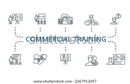 Commercial Training icon set. Monochrome simple Commercial Training icon collection. Presentation, Lessons, Accounting Staff, Loan, Thinking, Teaching, Help, Economy Project, Human Analysis, Business