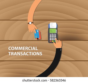 commercial transactions illustration with two business man hand using payment machine and credit card