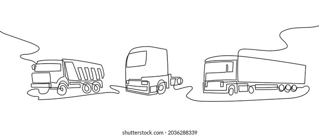 Commercial transport continuous line drawing set. One line art of truck, dump truck, cab.