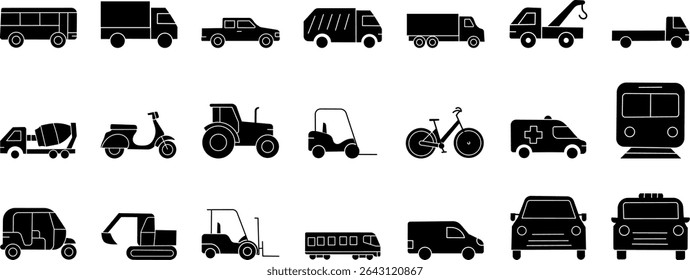 Commercial Transport Silhouette Icons. Featuring Delivery Trucks, Vans, and Utility Vehicles. Solid Black Vector Set.