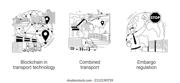 Commercial transportation industry abstract concept vector illustration set. Blockchain in transport technology, combined transport, embargo regulation, goods movement, trading ban abstract metaphor.