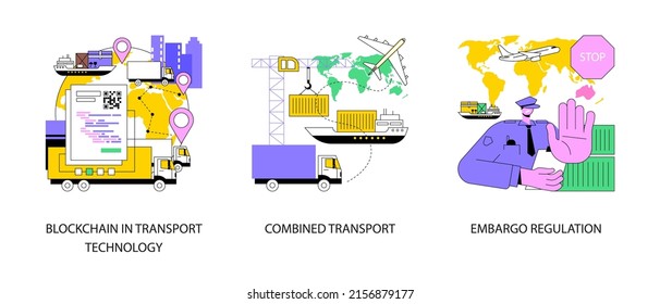 Commercial transportation industry abstract concept vector illustration set. Blockchain in transport technology, combined transport, embargo regulation, goods movement, trading ban abstract metaphor.