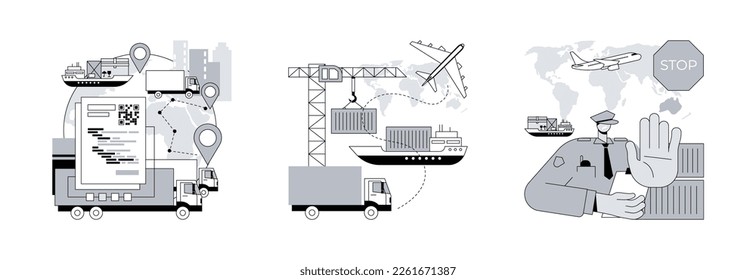 Commercial transportation industry abstract concept vector illustration set. Blockchain in transport technology, combined transport, embargo regulation, goods movement, trading ban abstract metaphor.