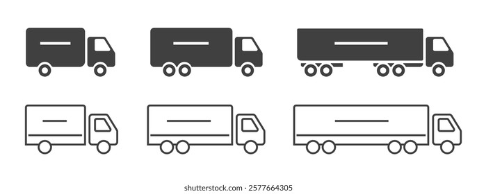 Commercial truck cargo freight delivery silhouette shape icon vector simple graphic, logistics shipping transportation mini van vehicles set, line stroke outline heavy auto cars pictogram image