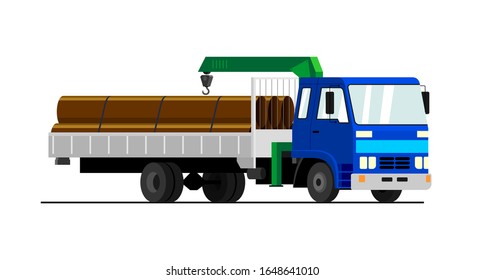 Commercial truck crane. Modern mobile hydraulic vehicle crane for transporting goods on a white background. Vector Truck crane with a blue cabin transports trumpet.