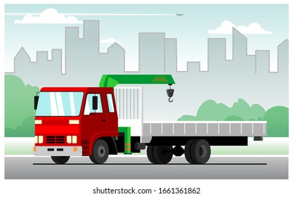 Commercial truck crane. Modern mobile hydraulic vehicle crane for the transport of goods against the backdrop of the city. Vector Truck crane with red cab rides around the city
