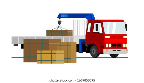 Commercial truck crane. Modern mobile hydraulic vehicle crane for transporting goods on a white background. Vector truck crane with red cab loads cargo in the truck