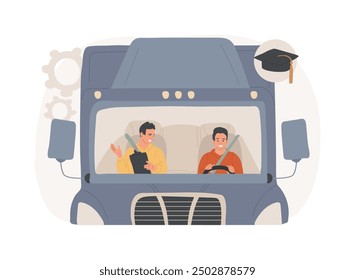 Commercial truck driving isolated cartoon vector illustrations. Young student driving truck under his teacher supervision, technical college education process, logistics services vector cartoon.