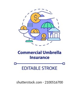 Commercial Umbrella Insurance Concept Icon. Corporate Insurance Abstract Idea Thin Line Illustration. Isolated Outline Drawing. Editable Stroke. Roboto-Medium, Myriad Pro-Bold Fonts Used