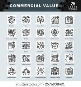 Commercial Value icon set containing Reliability, Inclusive, Value Chain, accountability, Quality, Social Responsibility, benefit, Professionalism, Trustworthiness icon. Simple line vector
