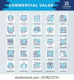 Commercial Value icon set containing Reliability, Inclusive, Value Chain, accountability, Quality, Social Responsibility, benefit, Professionalism, Trustworthiness icon. Simple vector illustration