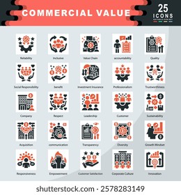 Commercial Value icon set containing Reliability, Inclusive, Value Chain, accountability, Quality, Social Responsibility, benefit, Professionalism, Trustworthiness icon. Simple vector illustration