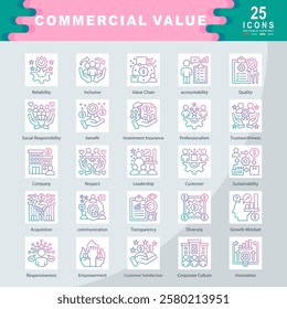 Commercial Value icon set containing Reliability, Inclusive, Value Chain, accountability, Quality, Social Responsibility, benefit, Professionalism, Trustworthiness icon. simple gradient vector