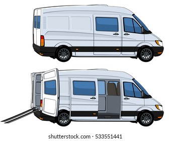 Commercial van with the doors open for loading.
