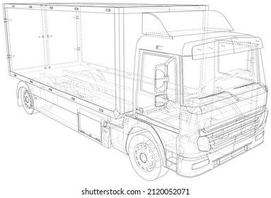 Commercial van freight. Wire-frame vector outline isolated on white background.