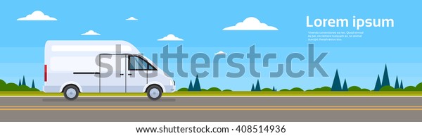 Commercial Van On Road. Cargo Shipping\
Delivery Banner Flat Vector\
Illustration