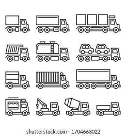 Commercial Van and Truck Icons Set on White Background. Line Style Vector