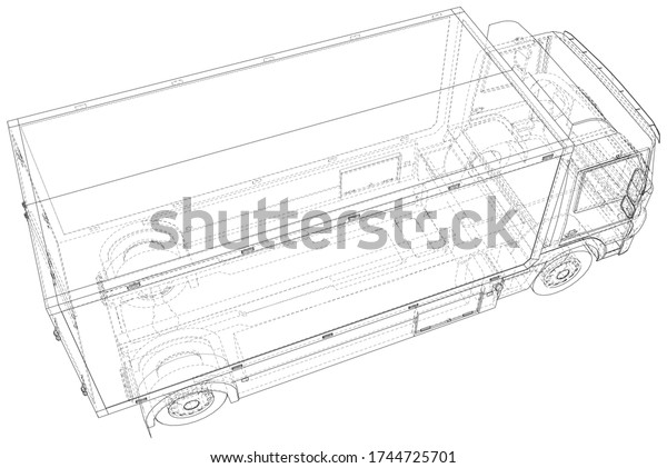 Commercial van truck illustration\
vector. Wire-frame line isolated. Vector rendering of\
3d.