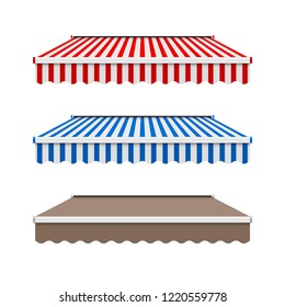 Commercial Vector Awning Series. Shop, Cafe, Or Restaurant Symbol. Striped And Monochrome Awnings Isolated On White Background. Design Elements Set.