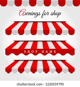 Commercial Vector Awning Series. Shop, Cafe or Restaurant Symbol. Red and White Striped Awnings. Window Canopy. Striped Awning Border. Design Elements for Poster, Banner, Advertising.