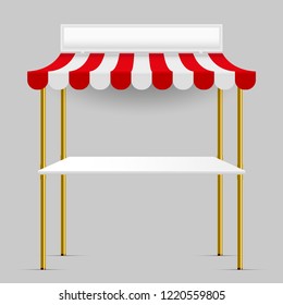 Commercial Vector Awning Series. Shop, Vector Street Stall with Awning. Kiosk with Metal Rack and Signboard. Mock Up, Vector Template. Design Element for Poster, Banner, Advertising.