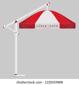 Commercial Vector Awning Series. Shop, Cafe, Restaurant Symbol. Red and White Round Umbrella Awning with Folding Mechanism Isolated on Grey Background. Design Element for Poster, Banner, Advertising.