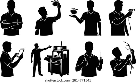 A commercial vector collection featuring black silhouettes of a male technical worker, machine operator, and hardware repair engineer working with electronic components and tools on a white background.