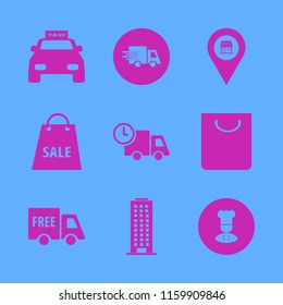 commercial vector icons set. with office building, shopping bag, store location and taxi cab in set