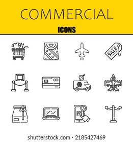 commercial vector line icons set. shopping cart, bag and plane Icons. Thin line design. Modern outline graphic elements, simple stroke symbols stock illustration