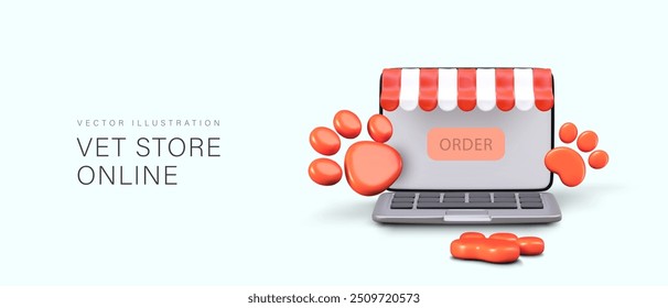 Maqueta de Vector comercial para el Sitio web de la tienda veterinaria. Portátil realista abierto