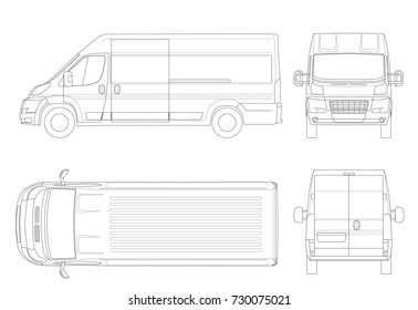 Commercial vehicle or Logistic car outline. Cargo minivan isolated on white background. View front, rear, side, top. All elements in groups on separate layers