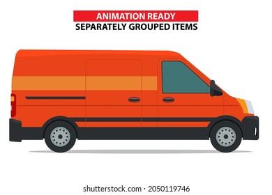 Commercial vehicle or minivan side view. Cargo or delivery car. Animation ready and each element groupped separately. Vector illustration.